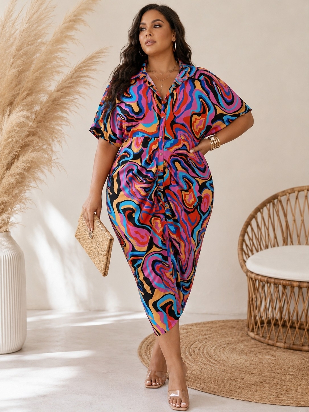 Women's Retro 70s Psychedelic Swirl Ruched Shirt Dress – Size 1X